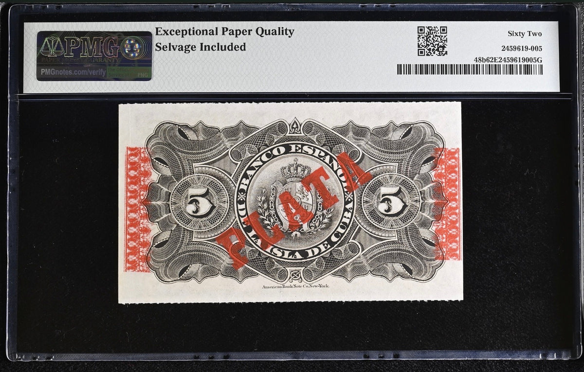 1896 5 Peso PMG 62 EPQ Banco Español de la Isla