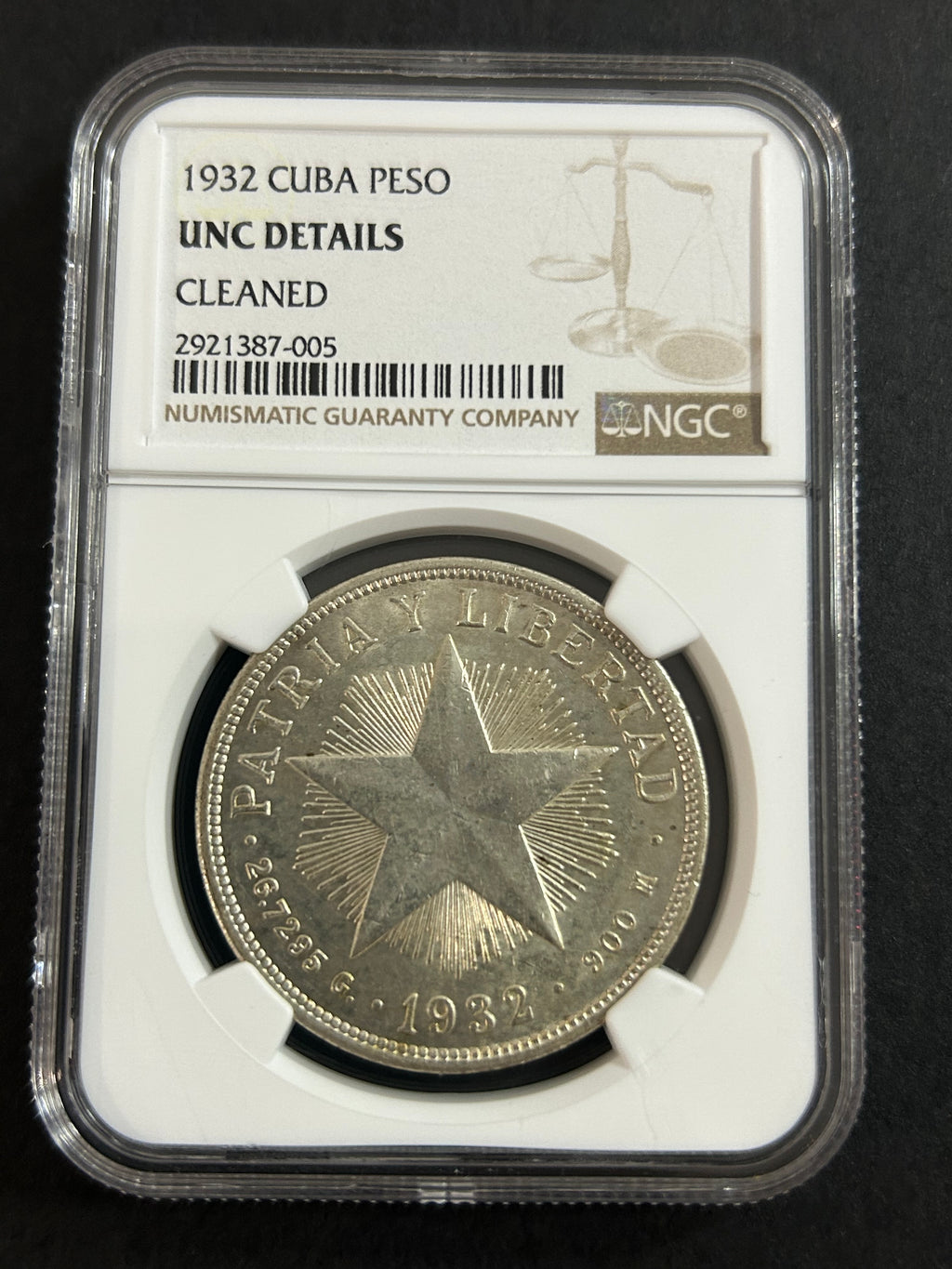 1932 Cuba 1 Peso - NGC UNC Details - Cleaned