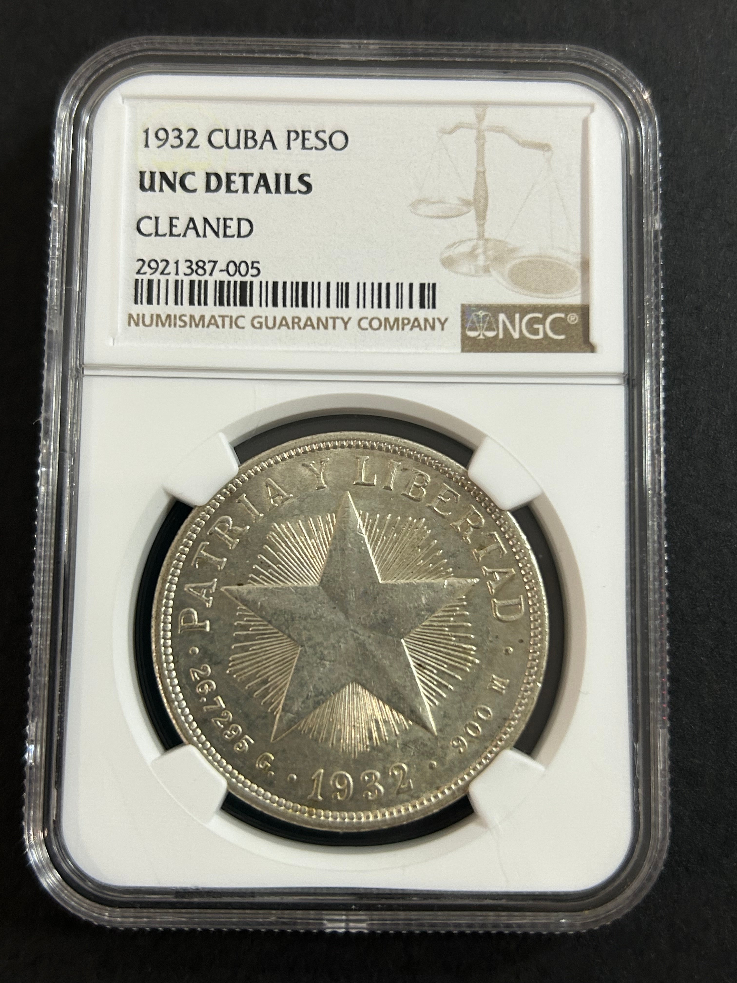 1932 Cuba 1 Peso - NGC UNC Details - Cleaned