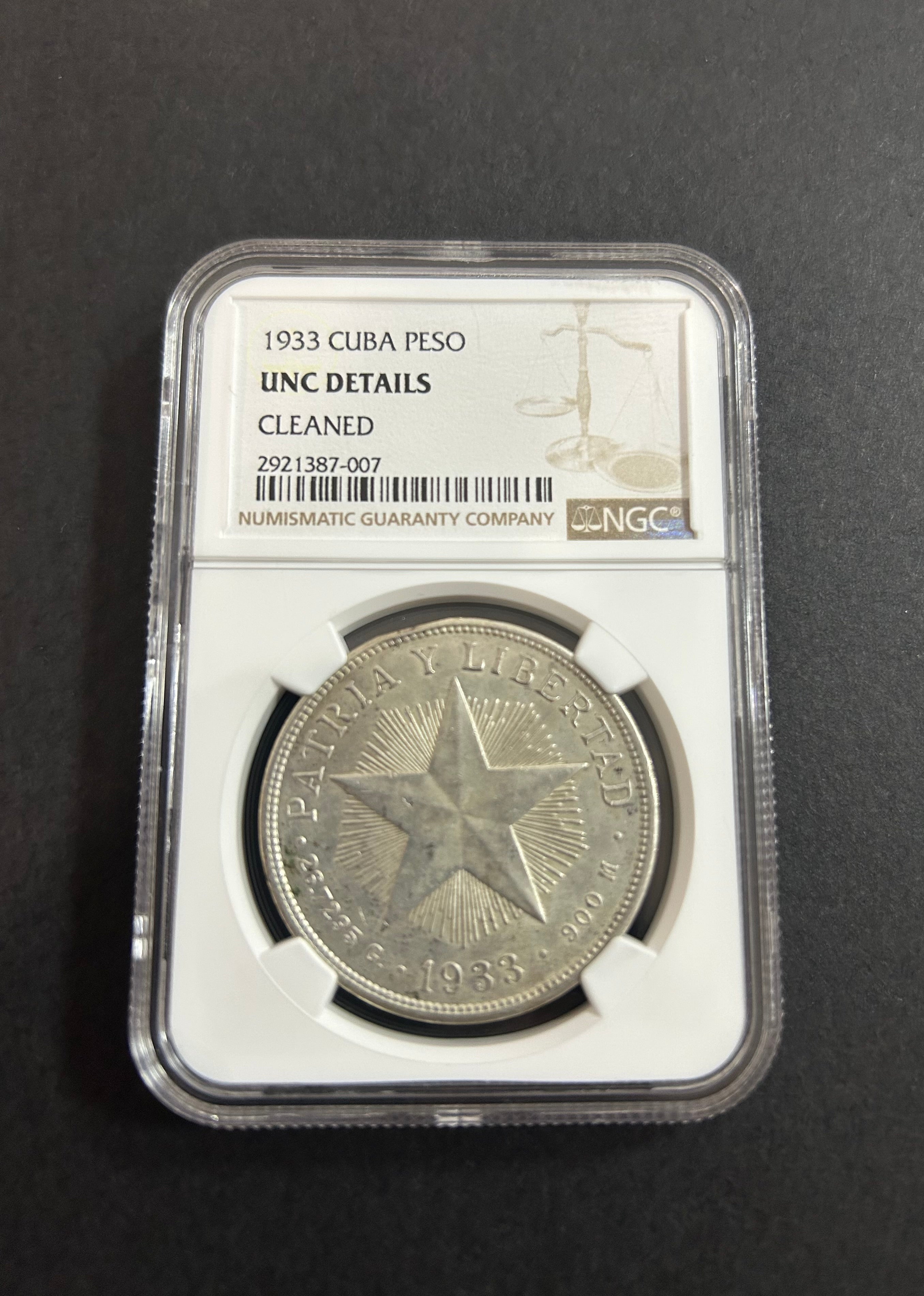 1933 Cuba 1 Peso - NGC UNC Details - Cleaned