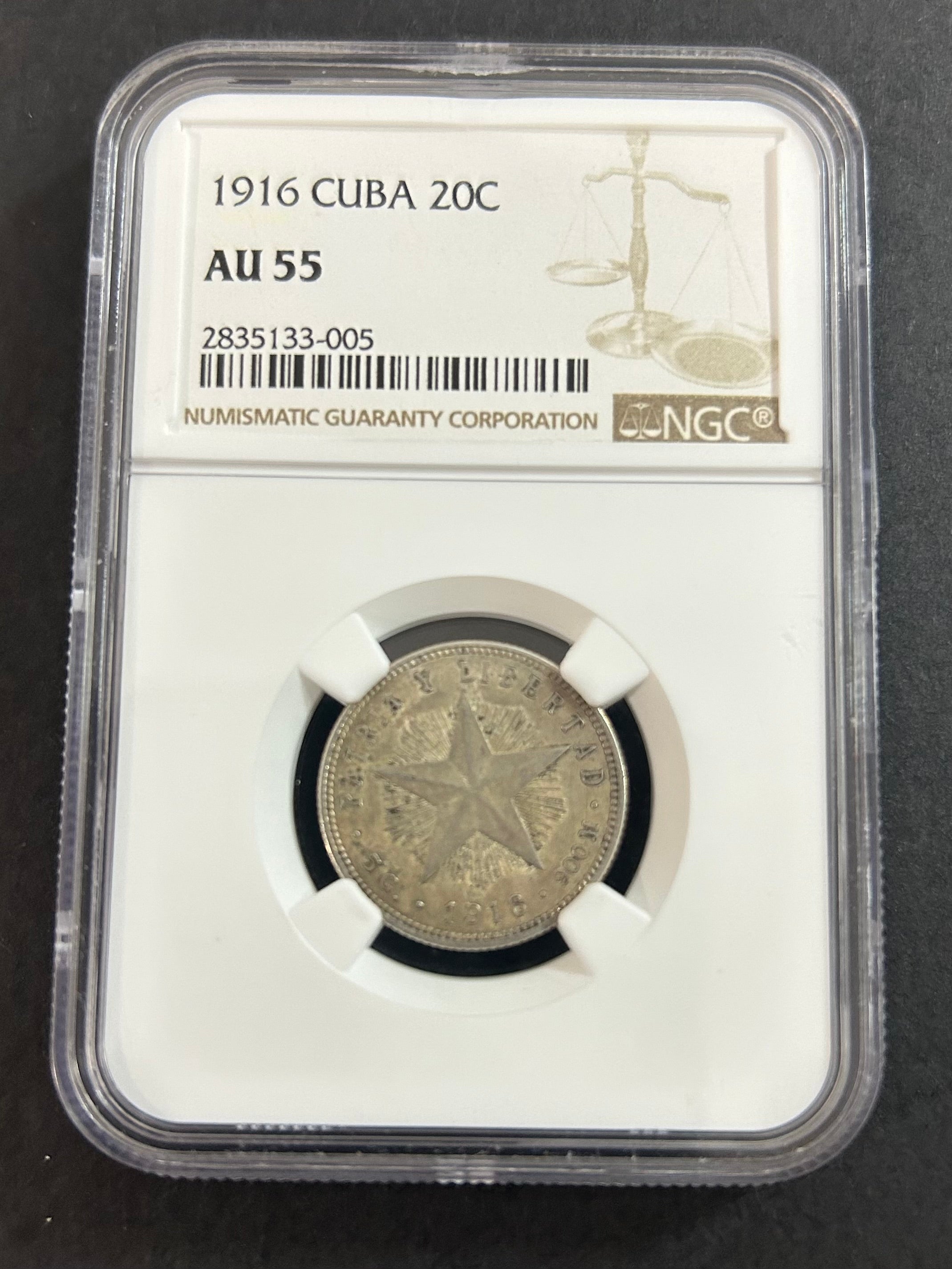 1916 Cuba 20C AU55 NGC