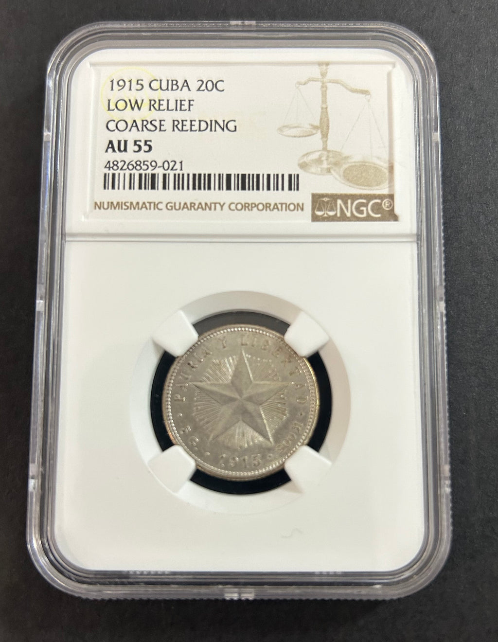 1915 Cuba 20C Low Relief Coarse Reeding AU 55 NGC
