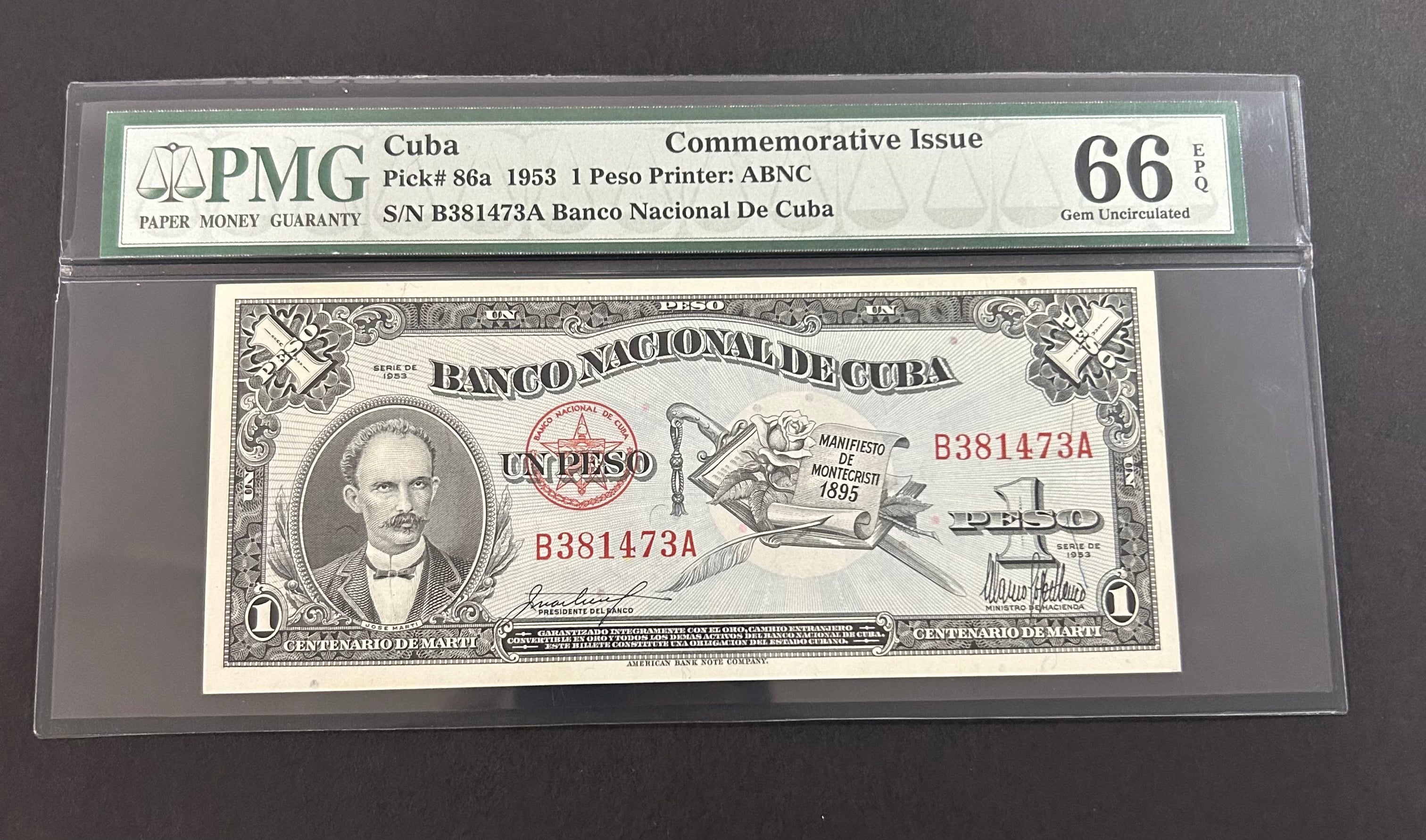 1953 Cuba 1 Peso PMG 66 EPQ
