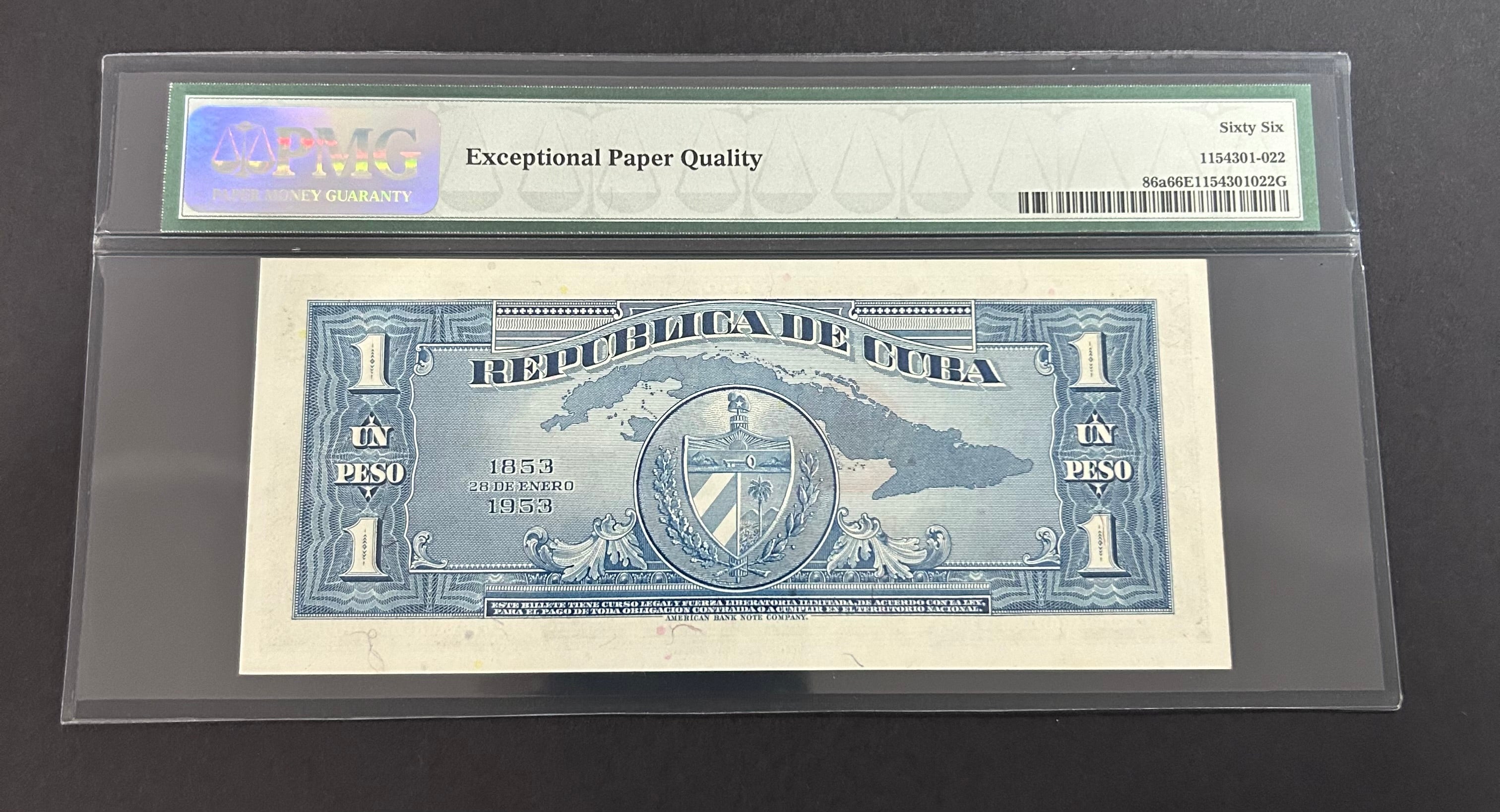 1953 Cuba 1 Peso PMG 66 EPQ