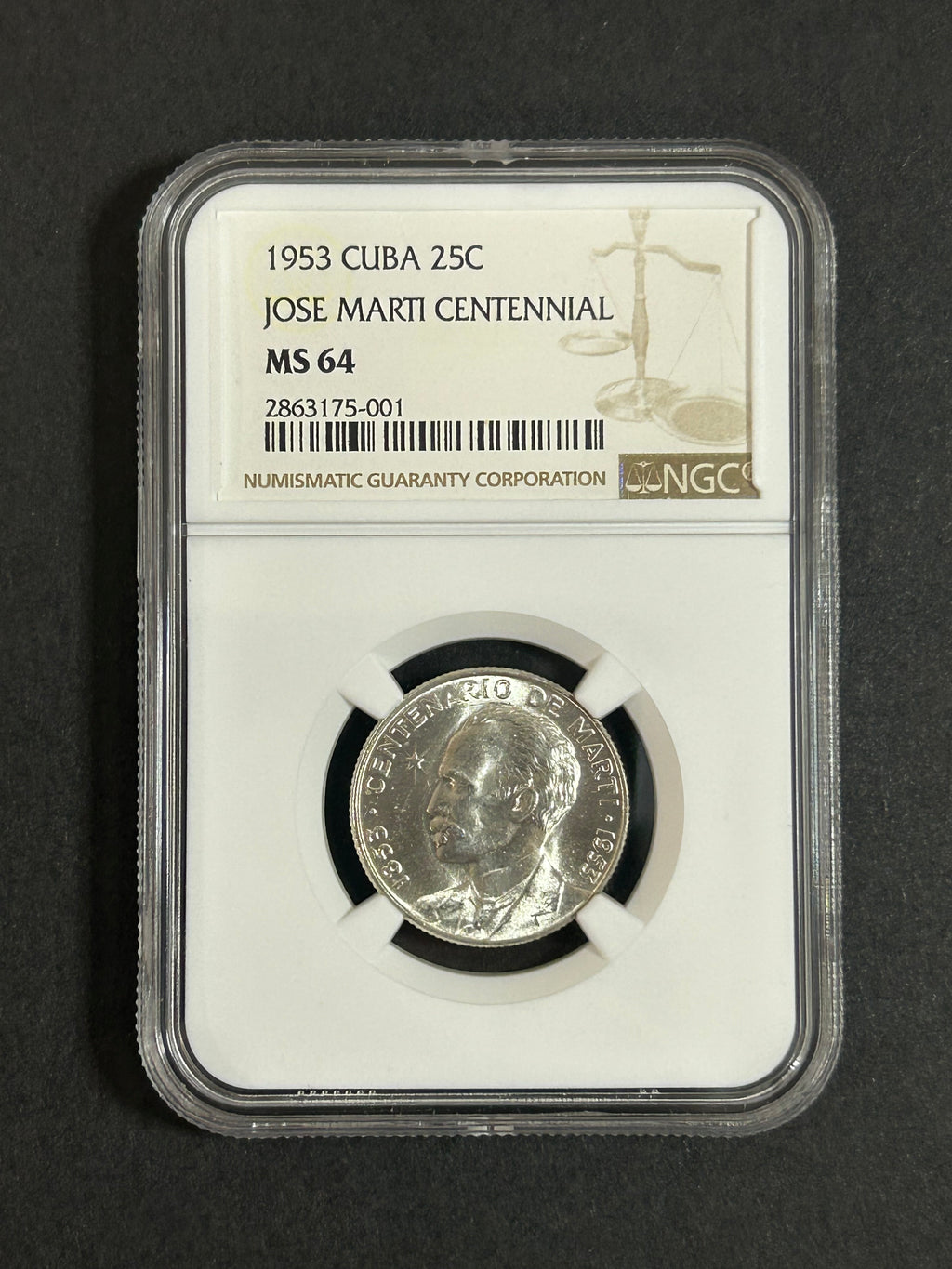 1953 Cuba 25C MS64 NGC José Marti Centennial