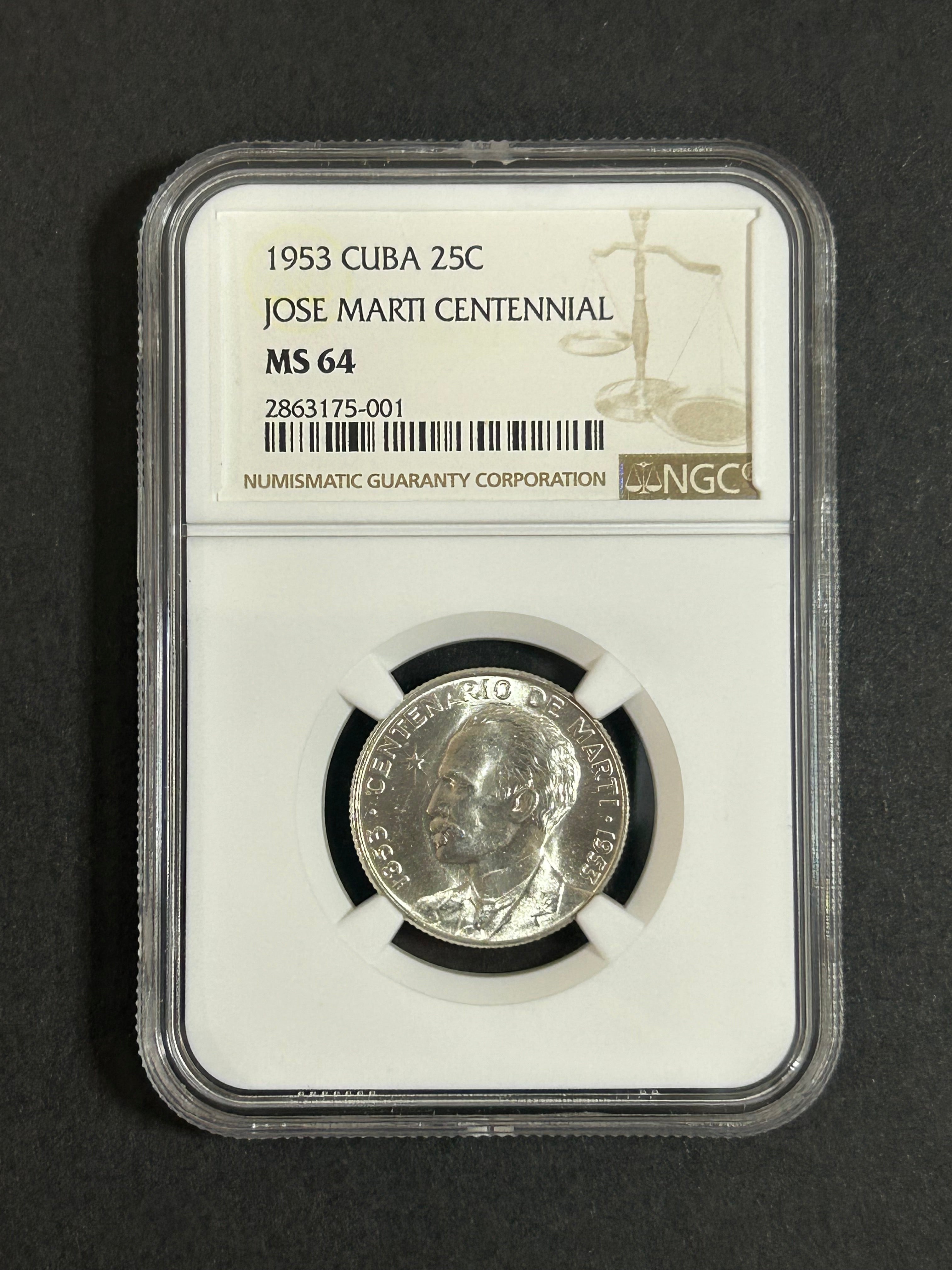 1953 Cuba 25C MS64 NGC José Marti Centennial