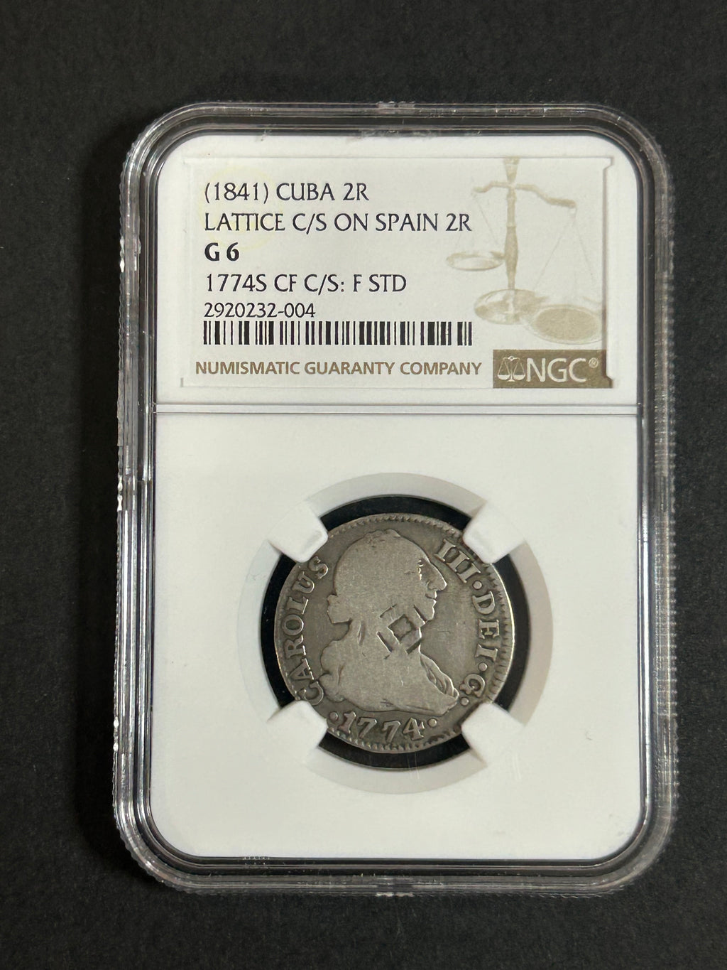 (1841) Cuba 2 Reales sobre 2 Reales de España de 1774 – Lattice Counterstamp – NGC G6