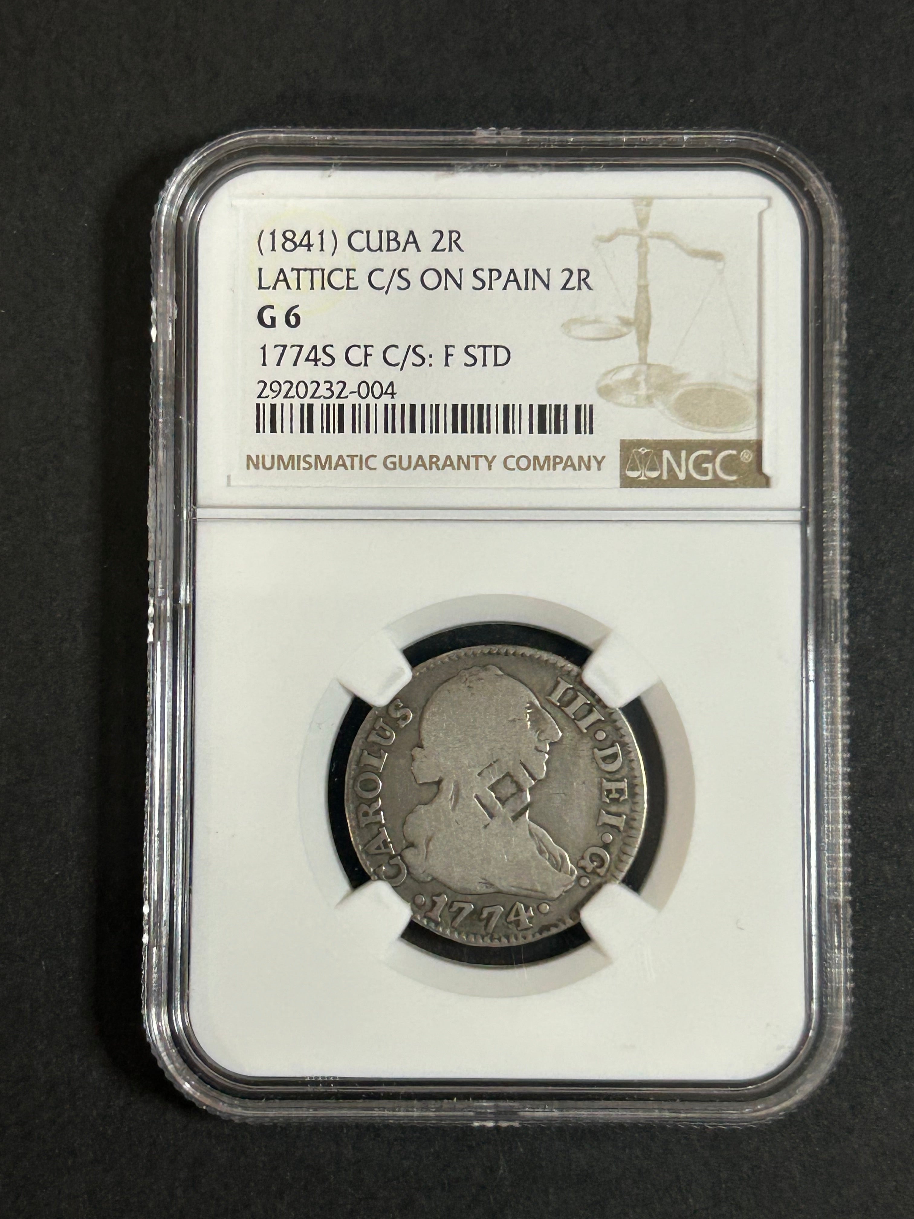 (1841) Cuba 2 Reales sobre 2 Reales de España de 1774 – Lattice Counterstamp – NGC G6