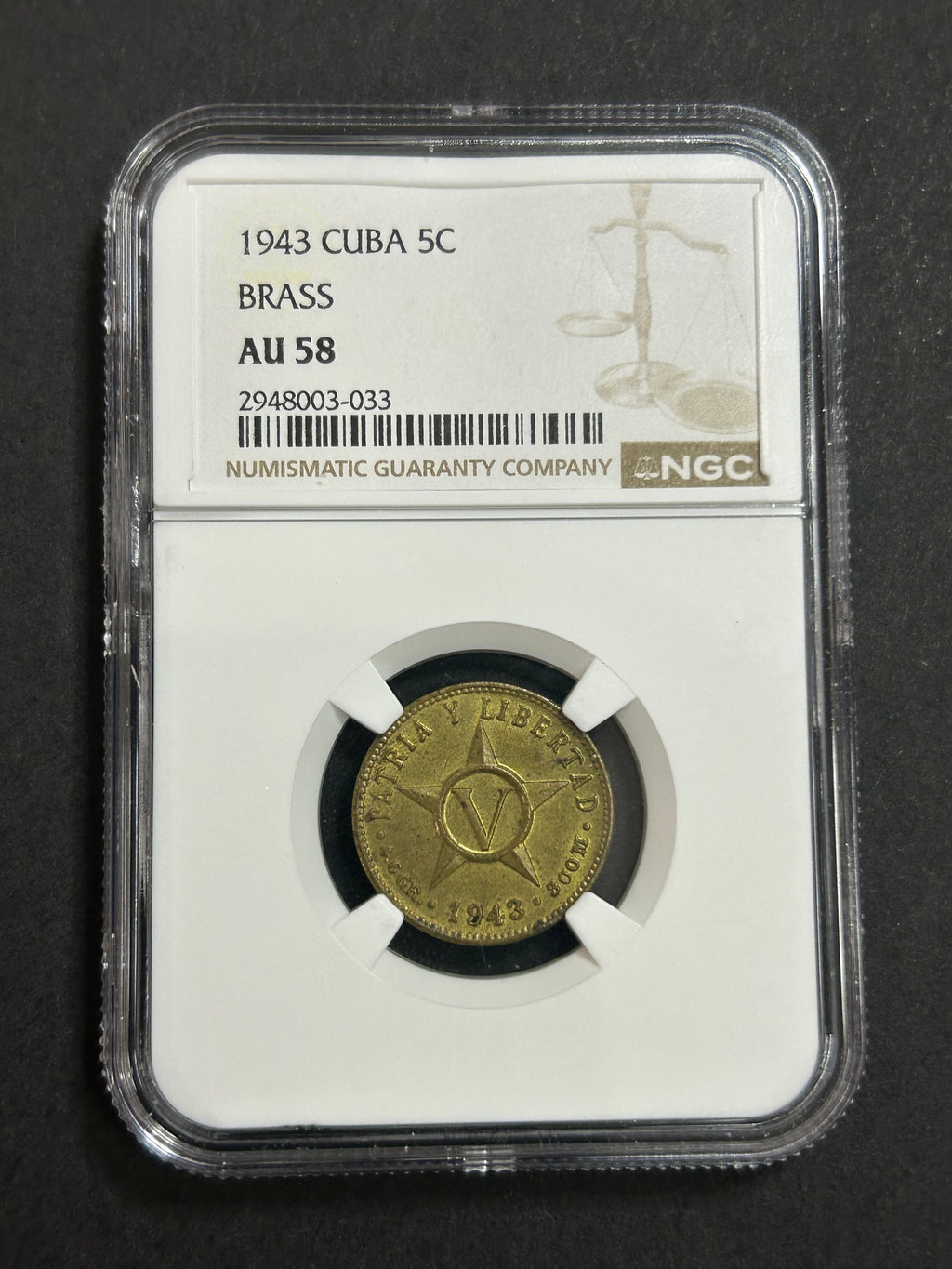 1943 Cuba 5C AU58 NGC