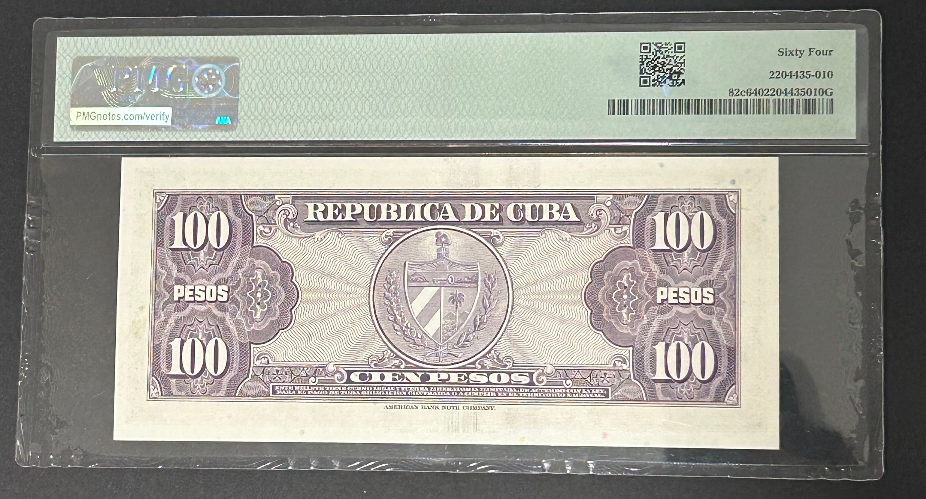 1958 Cuba 100 Peso PMG 64