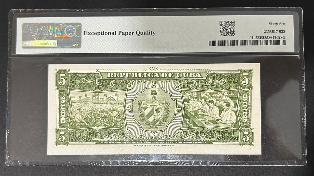 1958 Cuba 5 Peso PMG 66 EPQ