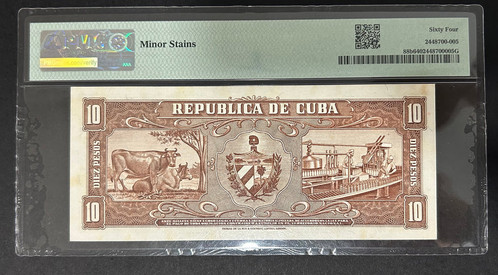 1958 Cuba 10 Peso PMG 64