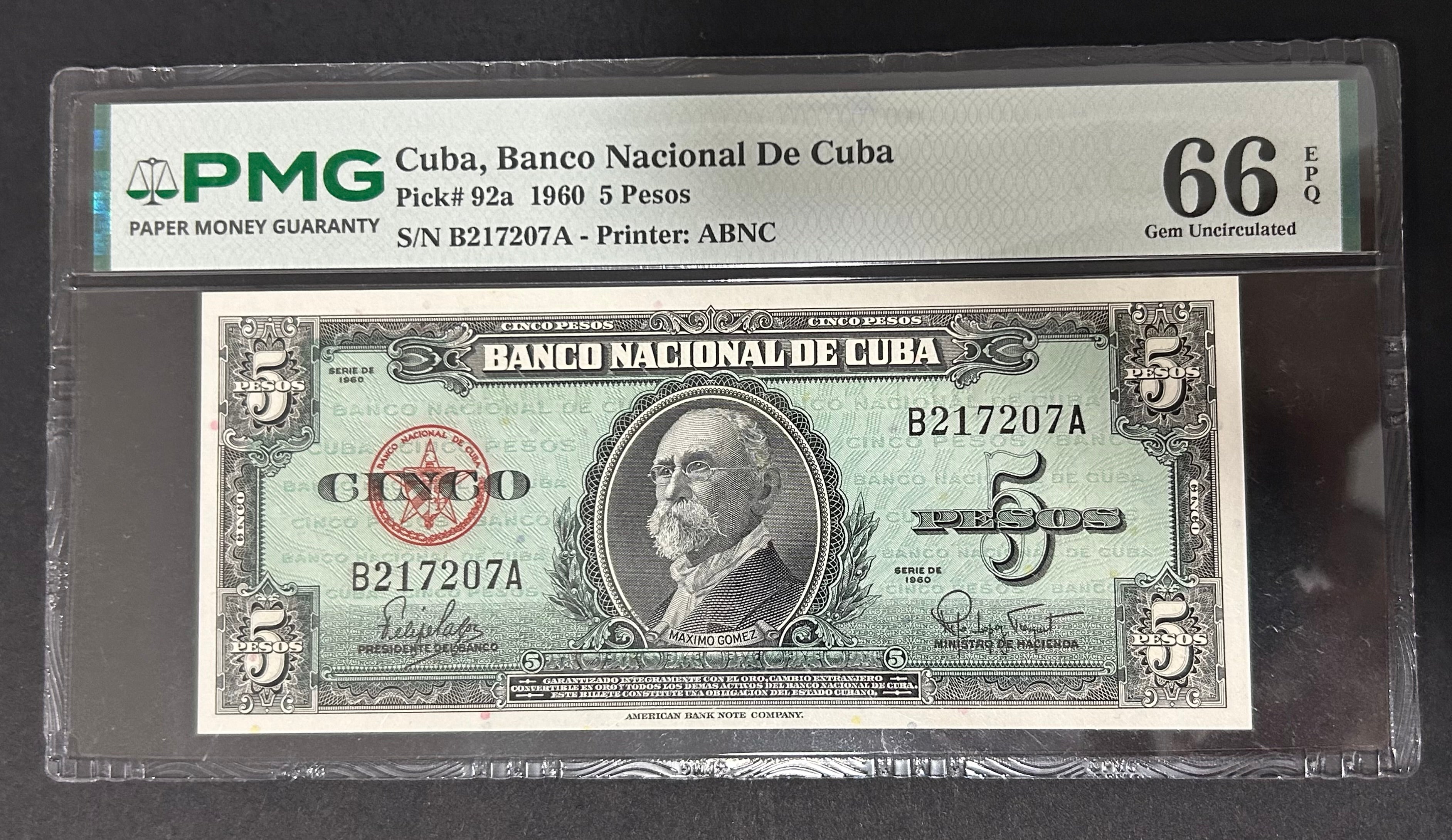 1960 Cuba 5 Peso PMG 66 EPQ