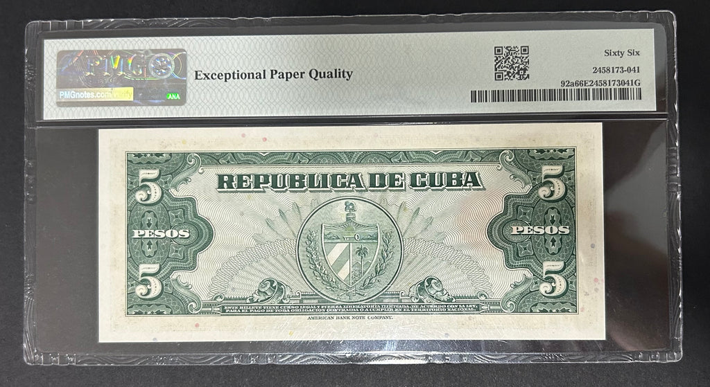 1960 Cuba 5 Peso PMG 66 EPQ