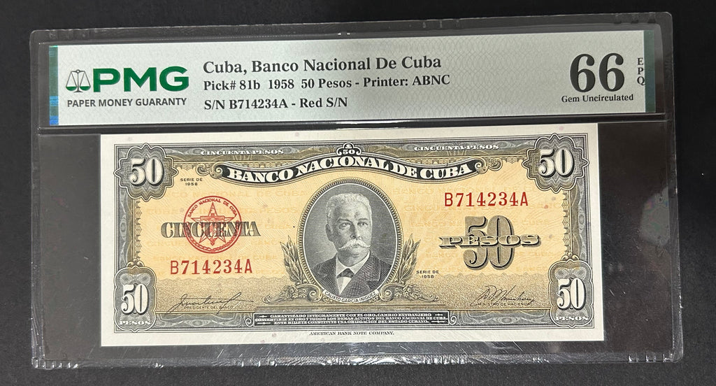 1958 Cuba 50 Peso PMG 66 EPQ