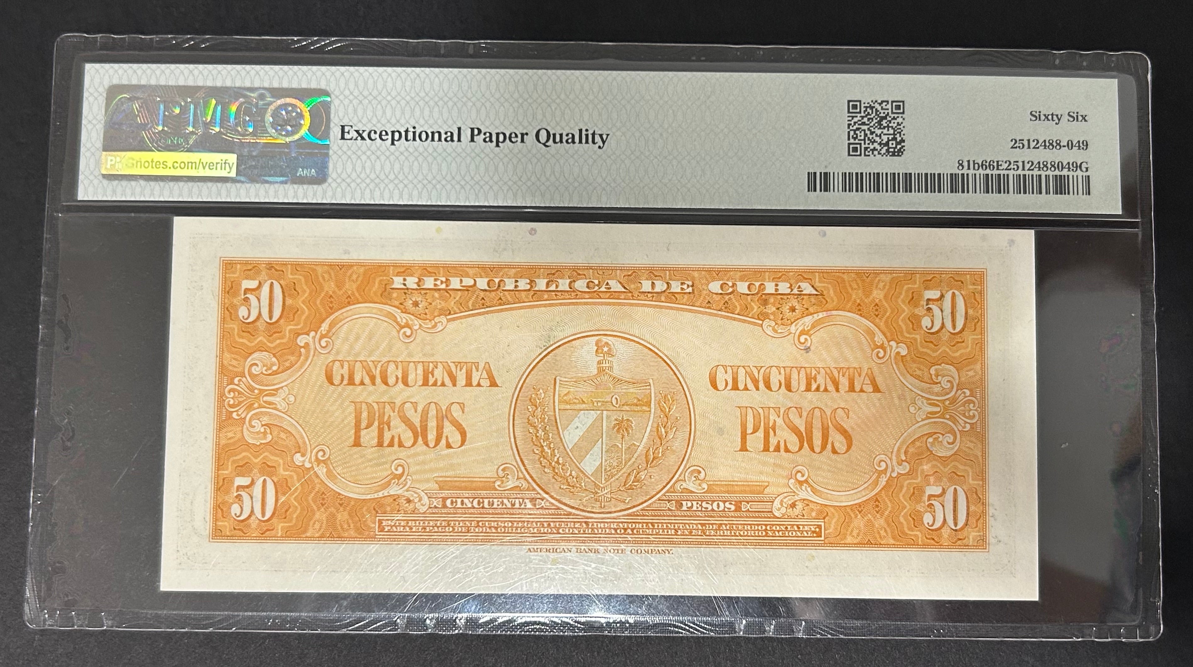 1958 Cuba 50 Peso PMG 66 EPQ
