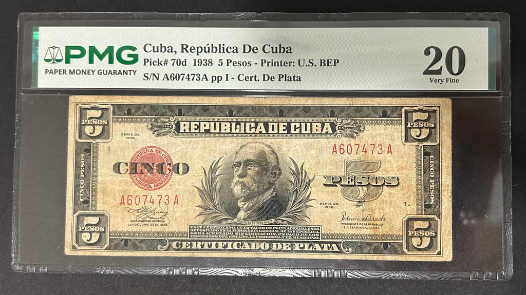 1938 Cuba 5 Peso PMG VF20 Cert. De Plata