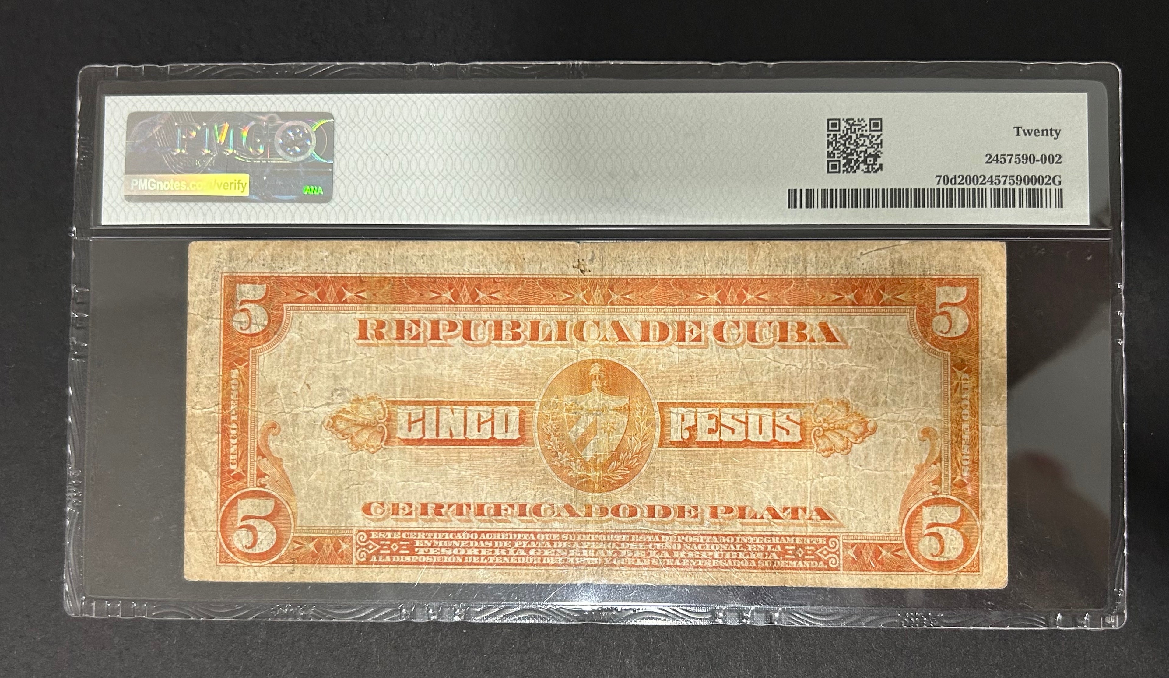1938 Cuba 5 Peso PMG VF20 Cert. De Plata