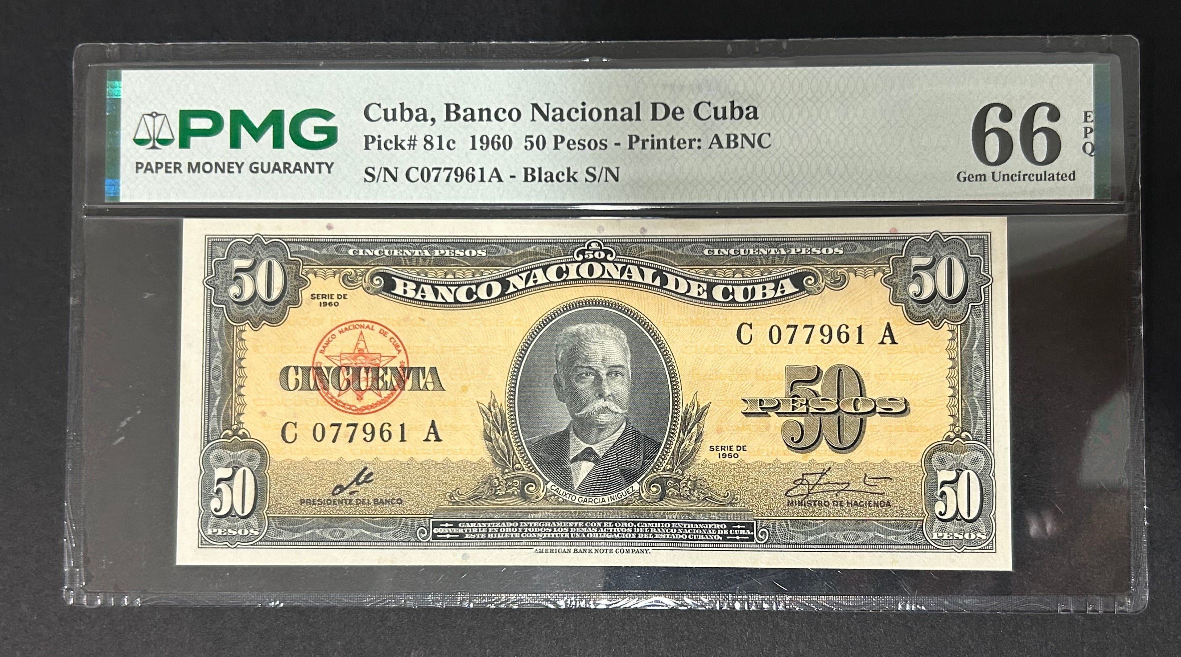 1960 Cuba 50 Peso PMG 66 EPQ