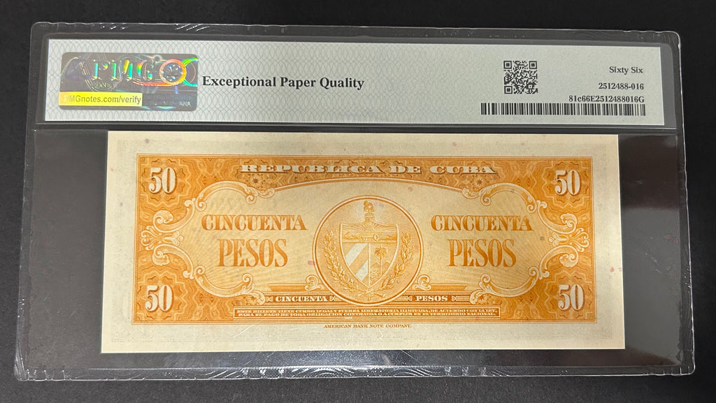 1960 Cuba 50 Peso PMG 66 EPQ