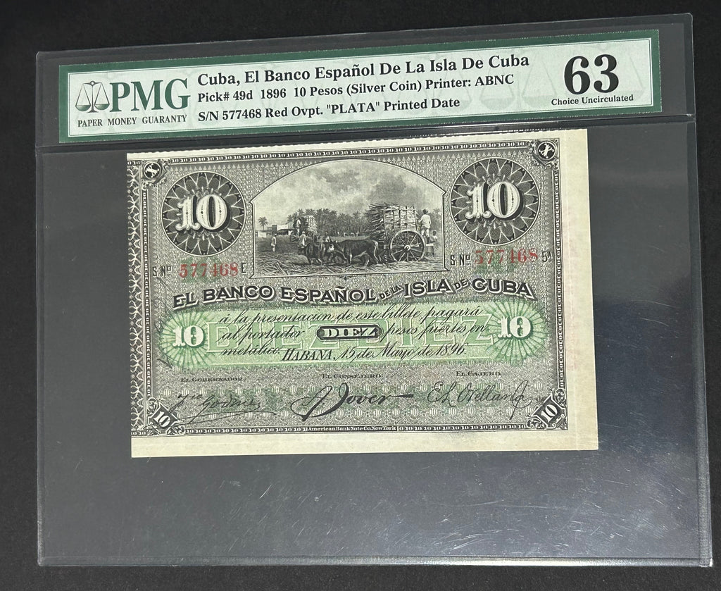 1896 10 Peso PMG 63 El Banco Español de la Isla