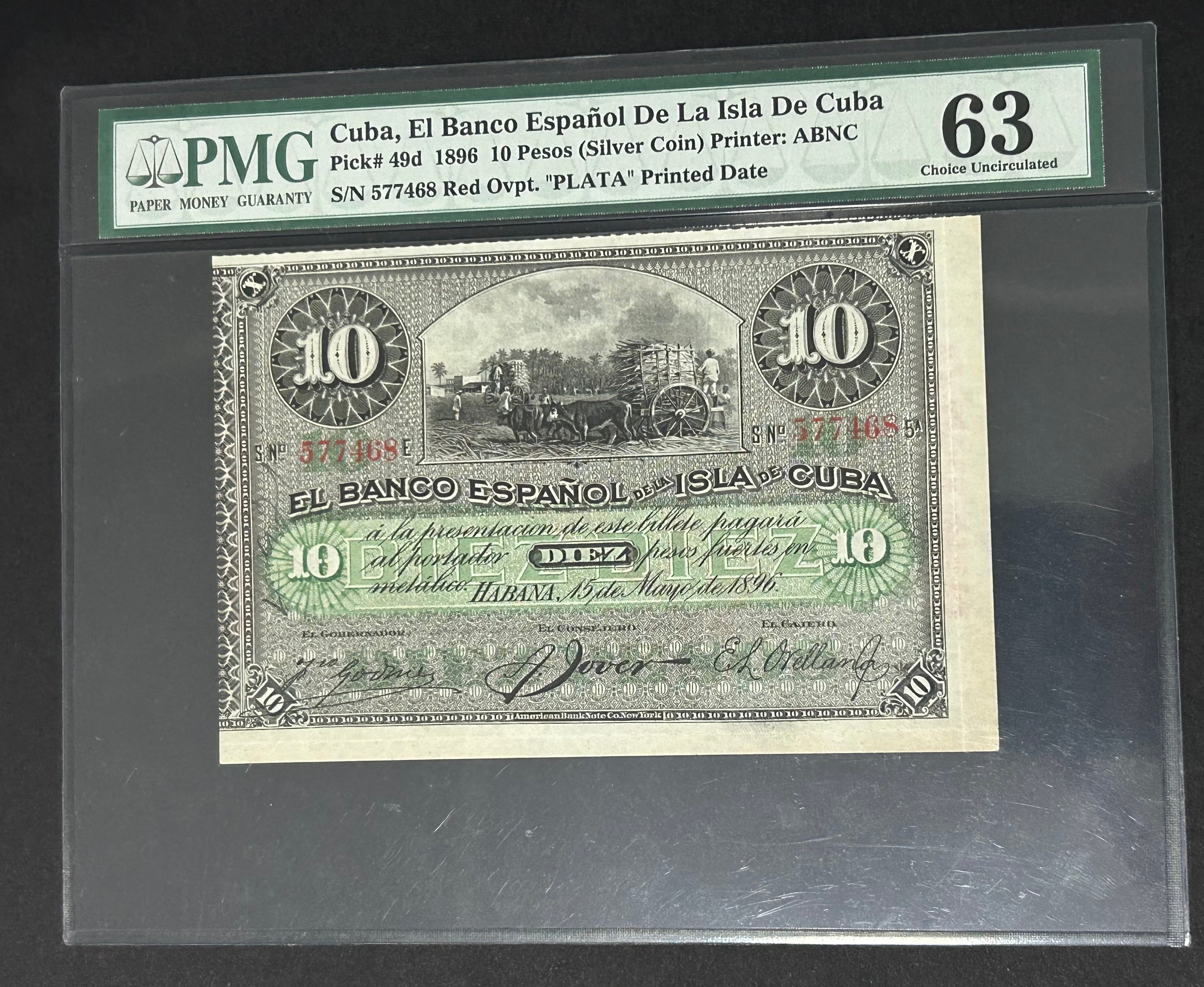 1896 10 Peso PMG 63 El Banco Español de la Isla