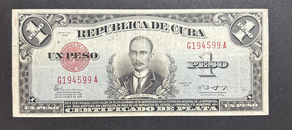 1943 1 Peso Cert. De Plata Circulado