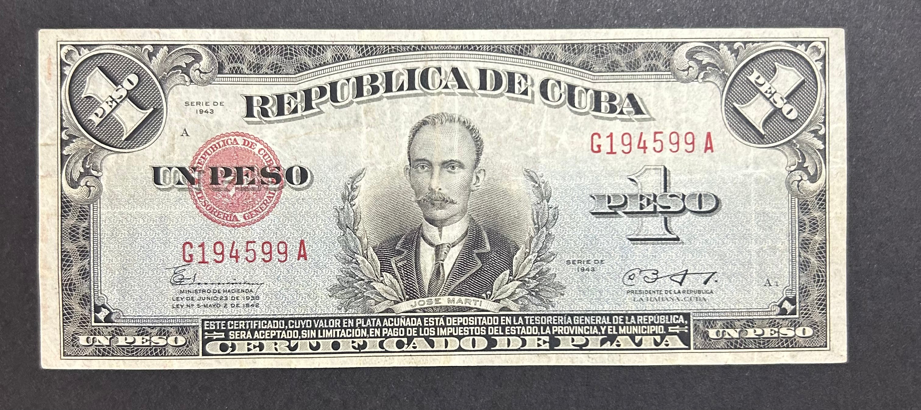 1943 1 Peso Cert. De Plata Circulado