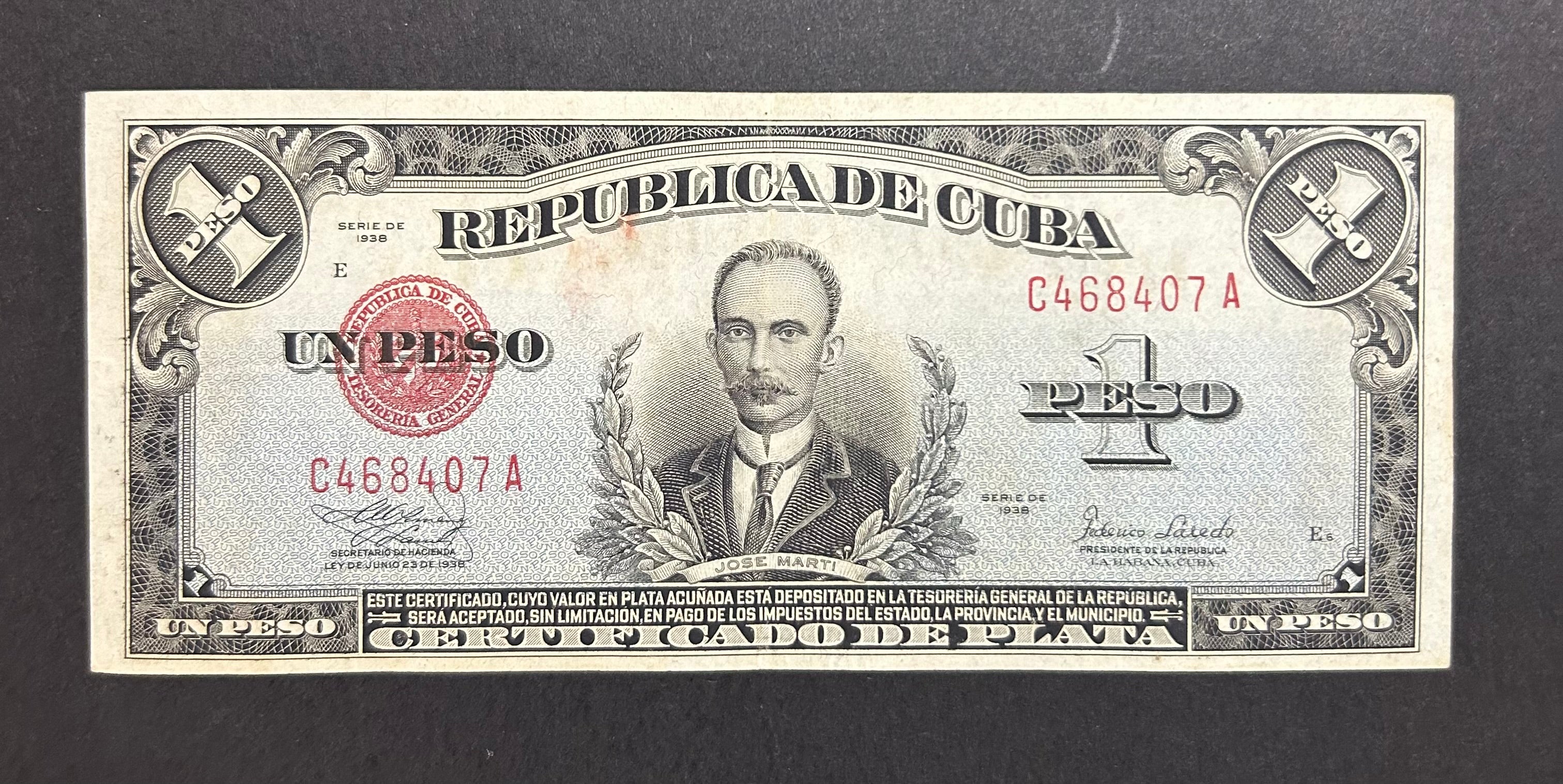 1938 1 Peso Cert. De Plata Circulado