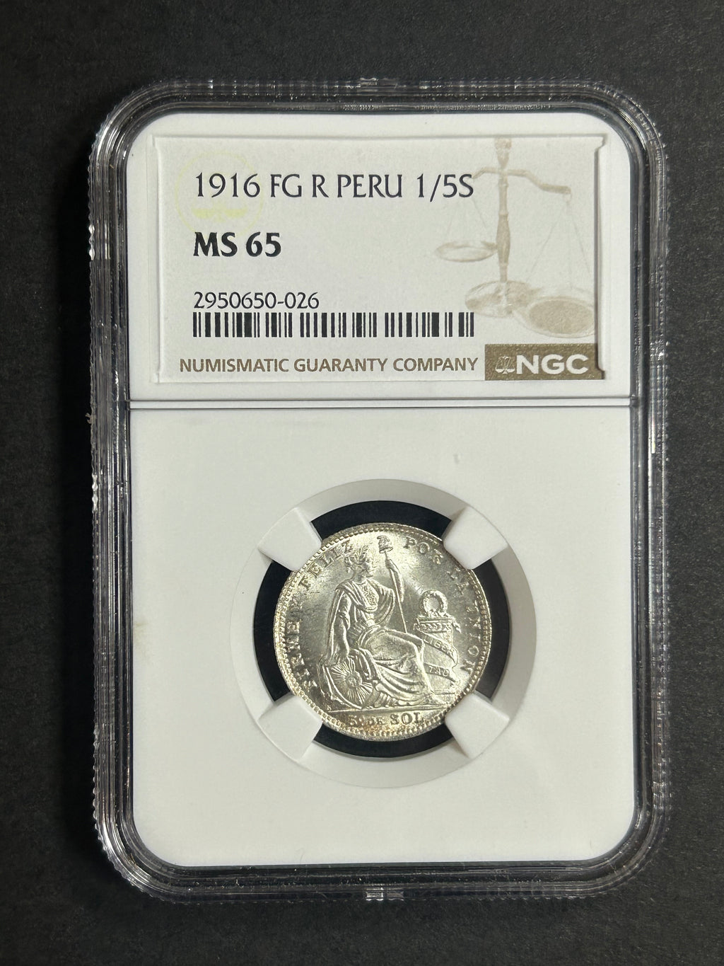 1916 FG R Peru 1/5S MS65 NGC