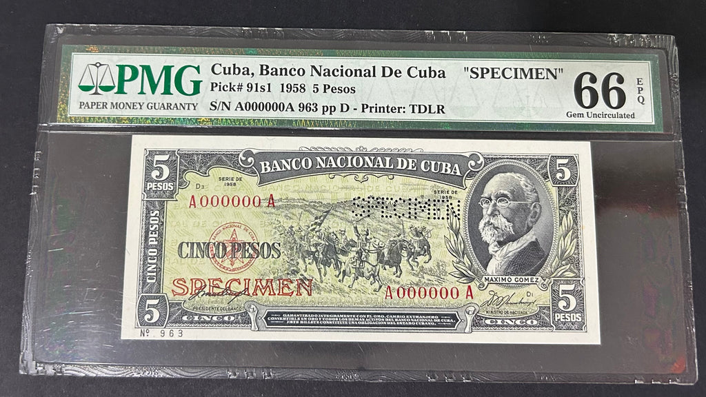 1958 5 Pesos PMG 66 EPQ (MUESTRA)