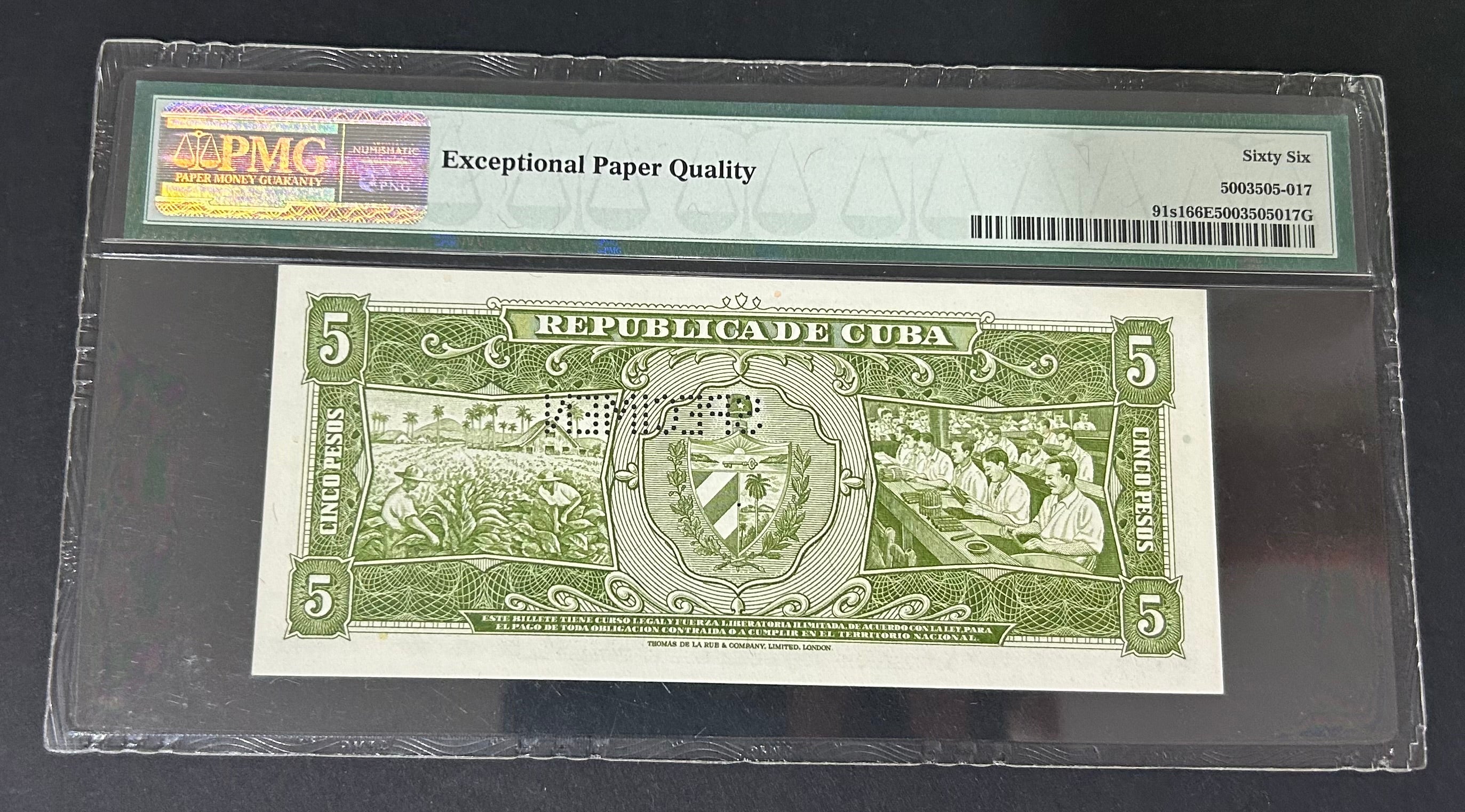 1958 5 Pesos PMG 66 EPQ (MUESTRA)